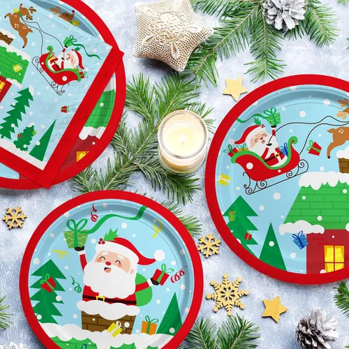 Miniatura 3 de Suministros para fiestas de Navidad – Juego de platos, servilletas y tazas de papel desechables con temática de Papá Noel de Navidad con mantel