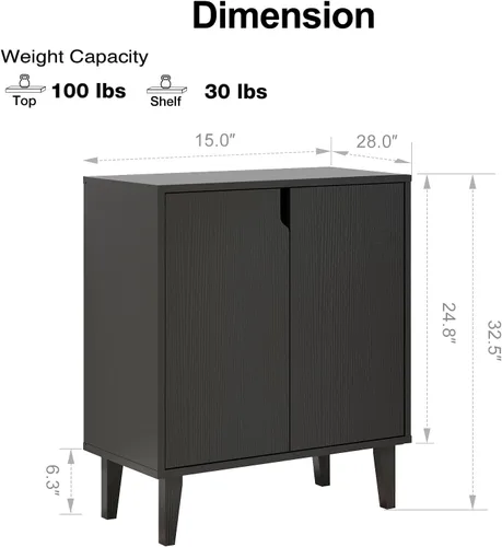 Miniatura 3 de Panana Gabinete de almacenamiento de 2 puertas para cocina, comedor, sala de estar, pasillo, oficina (negro)