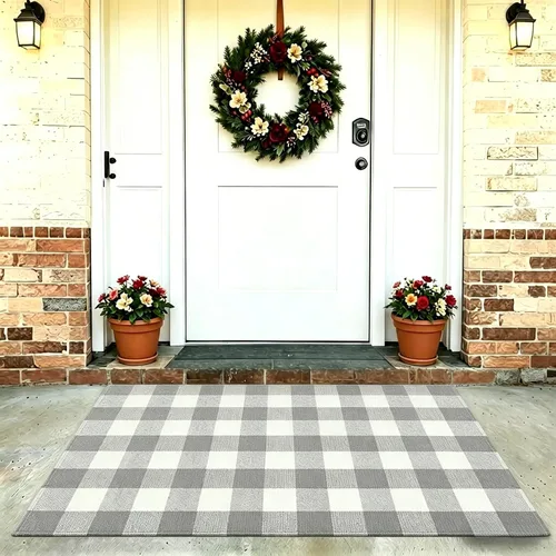 Miniatura 35 de SEEKSEE Alfombra de Algodón a Cuadros Buffalo de 27.5"x43" Alfombra a Cuadros Blanco y Negro Lavable Tapetes para Puerta Interior Exterior Alfombras