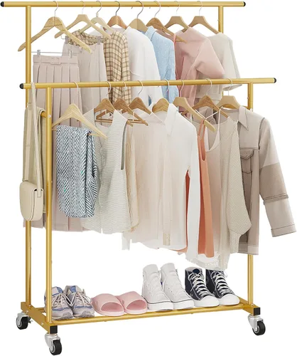 Miniatura 12 de Calmootey Perchero de ropa de doble barra, organizador de ropa portátil para dormitorio, sala de estar, tienda de ropa, rosa
