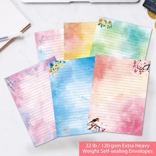 Miniatura 5 de Juego de papel estacionario y sobres forrados con diseño de pájaros florales y acuarelas, con papel de escritura de letras forradas, 48 hojas + 24