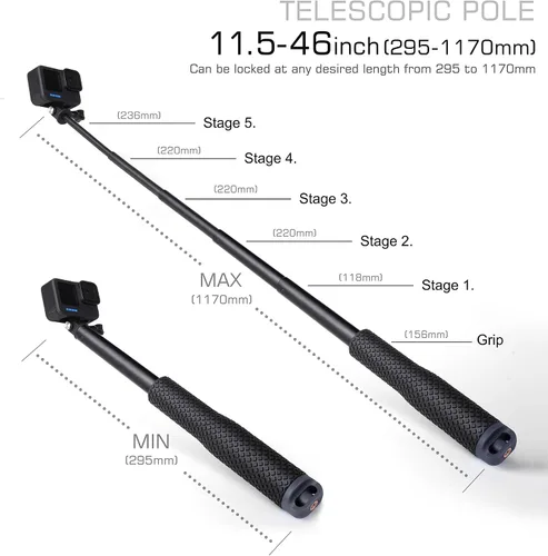 Miniatura 4 de GEPULY - Palo selfie impermeable para cámaras de acción GoPro/DJI/Insta360/AKASO 11''-46''Anti-Rust Aluminum Alloy,1/4