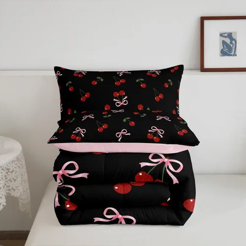 Miniatura 6 de Feelyou Juego de ropa de cama con lazos bonitos y cerezos, tamaño individual, para niños, juego de edredón con lazos de acuarela para niños, niñas