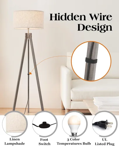 Miniatura 3 de ELYONA Lámpara de pie de trípode de madera estilo granja, lámpara de pie moderna de lectura con bombilla LED de 3 temperaturas de color y pantalla