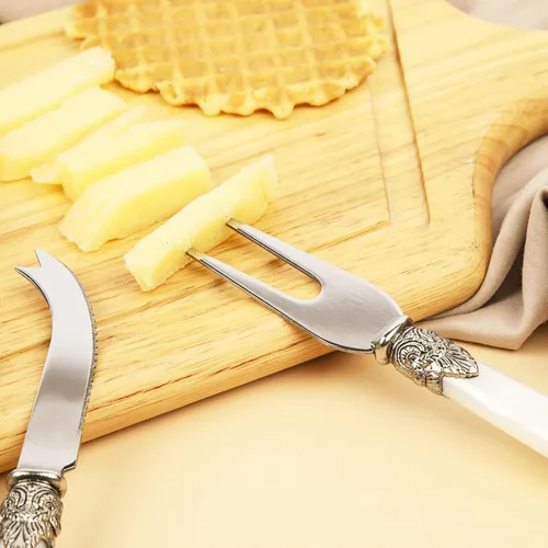 Miniatura 2 de Juego de cuchillos de queso de 4 piezas con caja de regalo, cuchillo de acero inoxidable con mango de perla, adecuado para fiestas y festivales