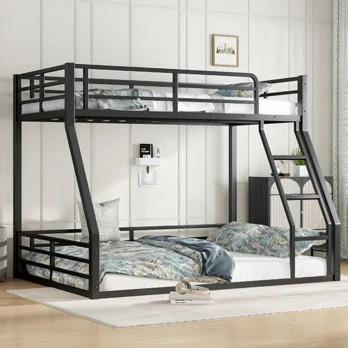 Miniatura 10 de Litera de metal resistente de tamaño individual sobre matrimonial, con escalera integrada y barandilla de seguridad para niños, adolescentes