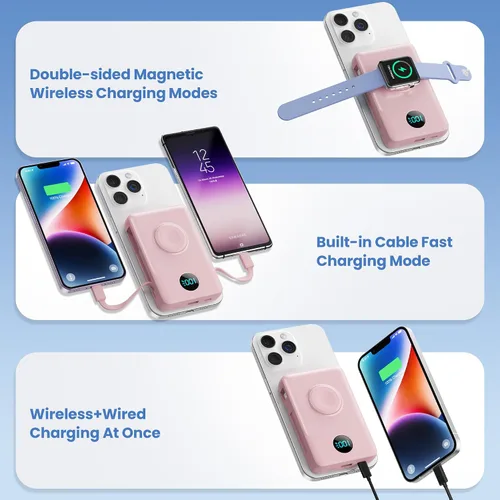 Miniatura 35 de Cargador portátil magnético de 10800 mAh para iPhone con cables integrados, cargador de batería inalámbrico 6 en 1 con cargador iWatch, pantalla LCD