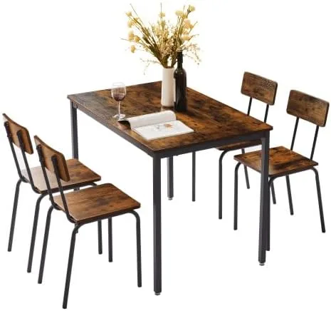 Miniatura 7 de anwickjeff Juego de mesa de comedor para 4 mesas de bar y sillas, juego de 5 piezas de mesa de cocina rectangular de madera de metal industrial y 4