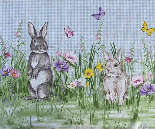 Miniatura 4 de Manteles Newbridge con diseño de Pascua, primavera, prado y conejos bordados, adorable tela de mantel con conejos y de color azul, con estampado a