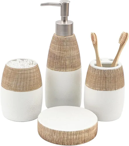 Miniatura 10 de CERBIOR Juego de accesorios de baño, 4 piezas de accesorios de cerámica para decoración de baño, incluye soporte para cepillos de dientes, taza