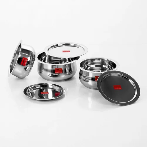 Miniatura 3 de Sumeet Juego de 3 recipientes de acero inoxidable con forma de vientre, apto para inducción y estufa de gas, juego de utensilios de cocina