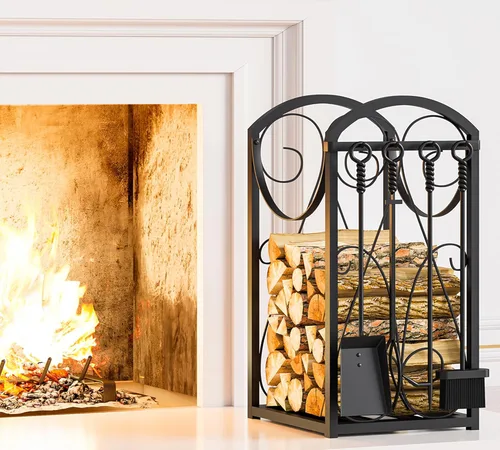 Kingson Estante para leña con soportes de madera para interior, estante de herramientas para chimenea al aire libre, estante de leña, almacenamiento