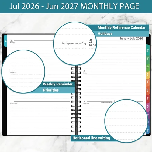 Miniatura 5 de Agenda 2026 – Agenda 2026, enero 2026 a diciembre 2026, 6.3 x 8.4 pulgadas, agenda 2026 semanal y mensual, pestañas coloridas, cubierta de Negro