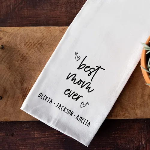 Miniatura 2 de Andaz Press Toalla de Cocina Personalizada, Toalla de Té de Saco de Harina, La Mejor Mamá de Todos los Tiempos Nombres Personalizados de Niños