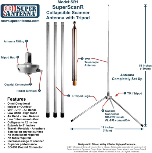 Miniatura 2 de Scanner SDR Antenna Tripod Portable Collapsible by Super Antenna SR1 UHF VHF broadband