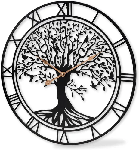 Miniatura 4 de Dankeit Reloj de pared con diseño de árbol de la vida, reloj de pared de metal negro de 24 pulgadas con árbol familiar de gran tamaño para sala