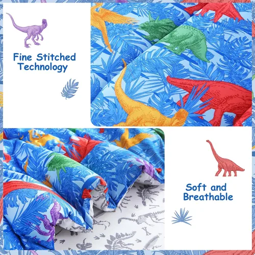 Miniatura 4 de Mooreeke Juego de edredón individual para niños de 6 piezas, juego de ropa de cama azul para adolescentes, microfibra de dinosaurio, cama para niños