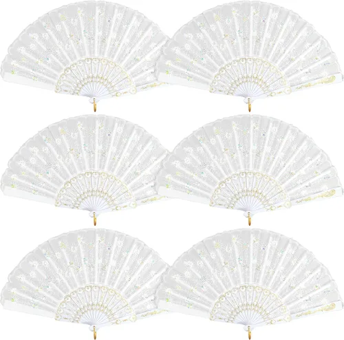 HKACSTHI 6 paquetes de abanicos de mano plegables florales españoles blancos para mujer, abanicos de encaje para boda y decoración del hogar