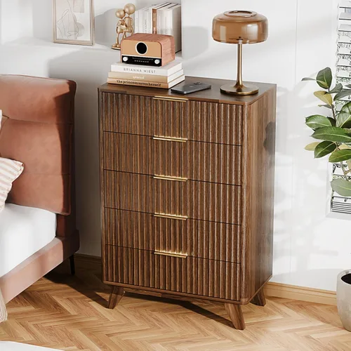 Miniatura 12 de VINGLI Cómoda alta acanalada con 5 cajones, cómoda de 23.66 pulgadas de ancho, cómoda de madera gris con bordes redondeados, aparadores grises