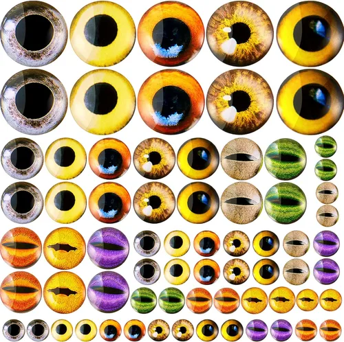 Zomiboo 70 piezas de ojos de cristal de dragón surtidos de 40/25/16/0.315 in para Halloween, Cabujón mixto impreso, ojos de animales, 4 tamaños para