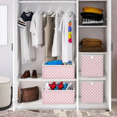Miniatura 7 de Cesta de almacenamiento plegable de cuadros rosa de 11 x 11 x 11 pulgadas, cubo de almacenamiento para decoración del hogar, cesta de almacenamiento