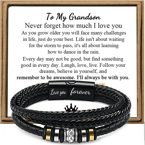 JoycuFF Men Leather Bracelet Gifts for Birthday Christmast Braided Bracelet for Boyfriend Son Grandson Brother Son 7.58.59 inches Wristband