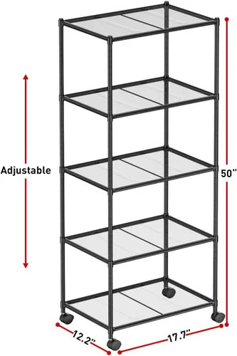Miniatura 7 de OVICAR Estante de almacenamiento con ruedas – Estantería ajustable de alambre de malla de 5 niveles, estante de almacenamiento de metal para cocina