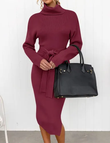 Miniatura 55 de ZESICA - Vestido por debajo de la rodilla de suéter, de cuello alto, para mujer, de manga larga, de punto acanalado, con abertura y cinturón