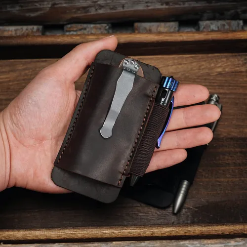 Miniatura 3 de Funda de cuchillo de cuero VIPERADE PJ33 para cinturón, funda de navaja de bolsillo horizontal con soporte elástico para bolígrafos, funda de Marrón