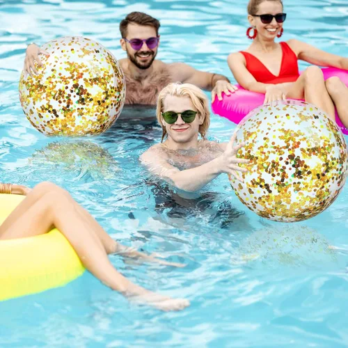 Miniatura 2 de Civaner 10 bolas inflables de playa con purpurina de 16 pulgadas, bola grande de confeti brillante para piscina, globo inflable transparente, Oro