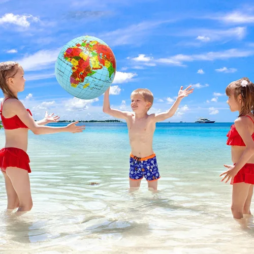 Miniatura 7 de ArtCreativity Juego de 6 bolas inflables de globo del mundo, estampado azul y transparente, mapa de tierra colorido, pelota de playa inflable de 16