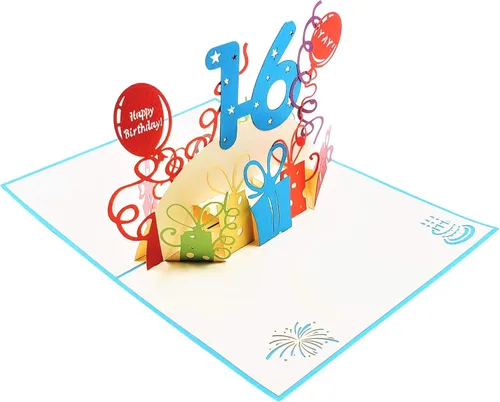 Miniatura 7 de iGifts And Cards Tarjeta desplegable 3D de cumpleaños de 16 años, regalos coloridos y escena de celebración de globos, divertido saludo