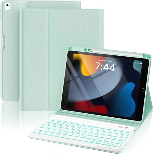 Miniatura 18 de OYEEICE Funda de teclado para iPad 6ª/5ª generación de 9.7 pulgadas, teclado inalámbrico desmontable retroiluminado de 7 colores, cubierta magnética