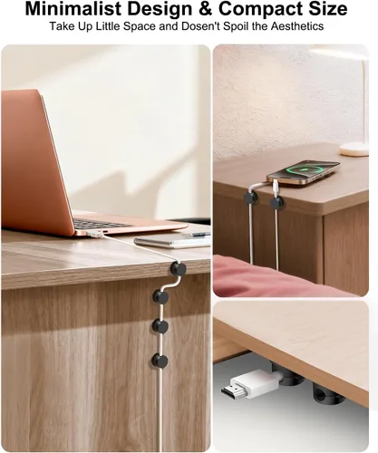 Miniatura 5 de OneLeaf Paquete de 12 clips de cable de resorte giratorios de 360° [1s bloqueo], soporte de cable adhesivo para mesita de noche, soporte de cable
