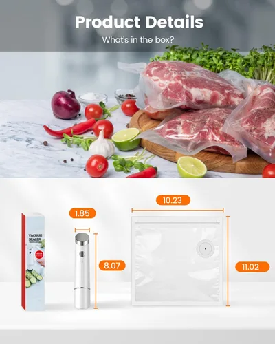 Miniatura 8 de Sellador al vacío portátil para alimentos, 10 bolsas selladoras reutilizables con una potente máquina selladora al vacío de mano de 60 kPa, sellador