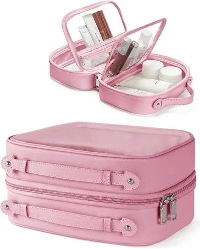 Miniatura 10 de Bolsa de Cosméticos Transparente de Doble Capa Bolsa de Artículos de Tocador de Viaje Estuche de Maquillaje Transparente con 4 Compartimentos, Bolsa
