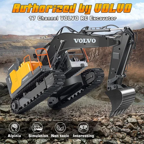 Miniatura 6 de Double E Volvo - Excavadora de control remoto a escala 1:16, juguete de construcción 3 en 1 de 17 canales con pala de metal, taladro, agarre