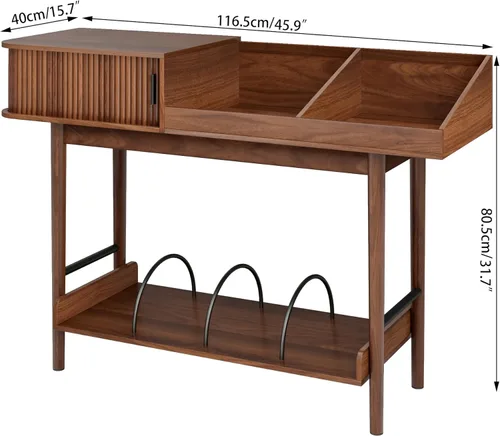 Miniatura 2 de Soporte para tocadiscos moderno de mediados de siglo, almacenamiento de discos de vinilo con puertas corredizas acanaladas, mesa grande