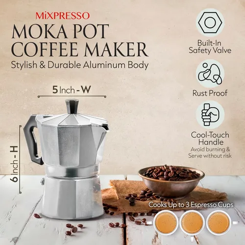 Miniatura 3 de Mixpresso Moka Pot 3 tazas (5 onzas en total) – Cafetera de café espresso para estufa de gas y eléctrica, cafetera cubana e italiana de aluminio