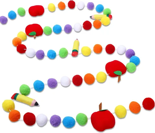 AnyDesign Cartel de fieltro de regreso a clases de 8.2 pies, bonito lápiz 3D de manzanas, guirnalda de pompones coloridos para colgar, guirnalda de