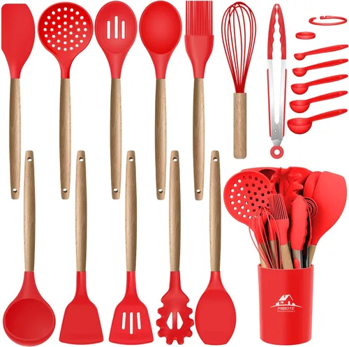 MIBOTE Juego de utensilios de cocina de silicona, resistente a 230 °C, pinzas para voltear, espátula, cuchara, batidor, mango de madera, juego de