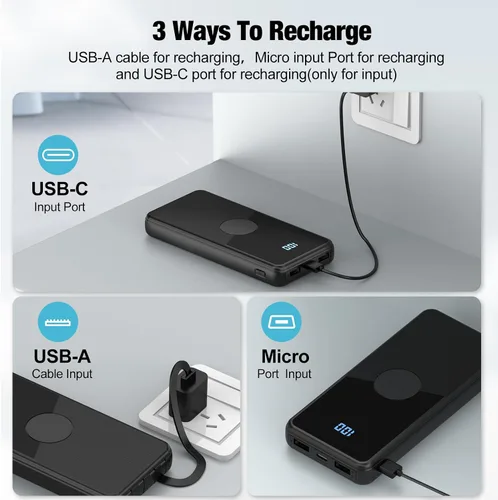 Miniatura 4 de Cargador portátil con cables integrados, batería de alta velocidad de 10000 mAh, paquete de batería de viaje, 5 salidas, 3 entradas, cargador