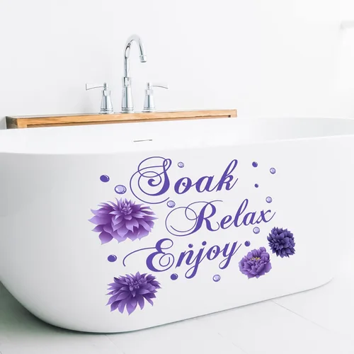 Miniatura 3 de Xuniea Calcomanías de pared de baño moradas Soak Relax Enjoy Spa, calcomanías impermeables para decoración de pared para dormitorio, baño, cocina