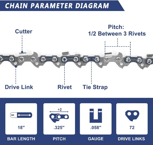 Miniatura 2 de Paquete de 3 cadenas de motosierra de 18 pulgadas, paso de 0.325", calibre de 0.058", 72 eslabones de transmisión para X-Cut S35G Husqvarna 543XP