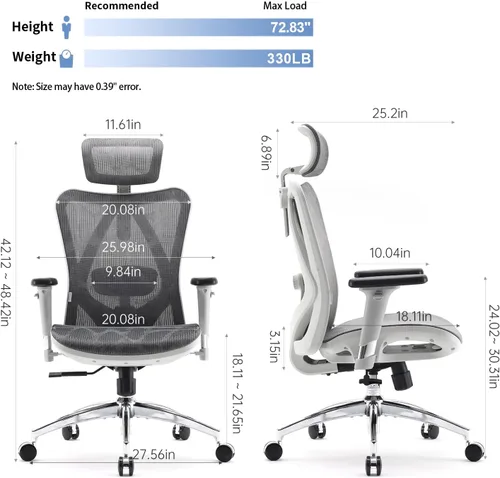 Miniatura 3 de SIHOO M57 Silla de oficina ergonómica de malla, silla de escritorio con respaldo alto para el hogar con reposabrazos 3D, soporte lumbar y Gris claro