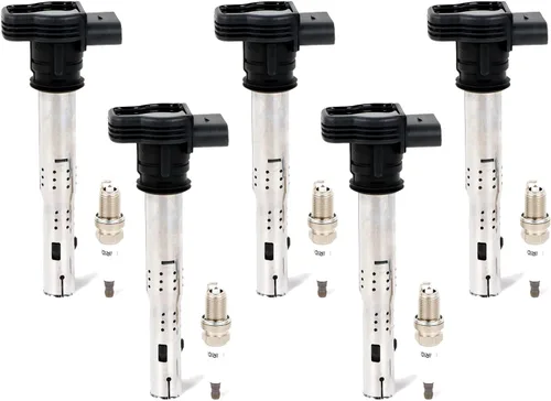 Paquete de 5 bobinas de encendido UF575 y bujías de iridio compatibles con Audi A3 2004-2013, A4 2005-2016 y Volkswagen Jetta 2005-2015, Tiguan