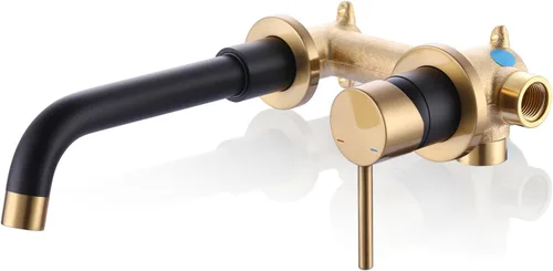 Miniatura 11 de ARCORA Grifo de baño de montaje en pared, negro mate, grifo de lavabo de baño de una sola manija montado en la pared, válvula empotrada incluida