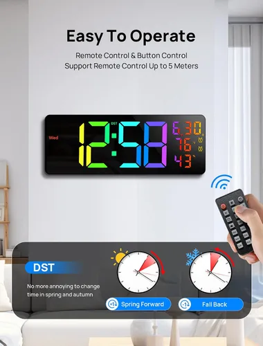 Miniatura 6 de MASHI Reloj digital grande de montaje en pared de 17.3 pulgadas, reloj digital con control remoto, alarma, LED grande, color RGB, DST, temperatura