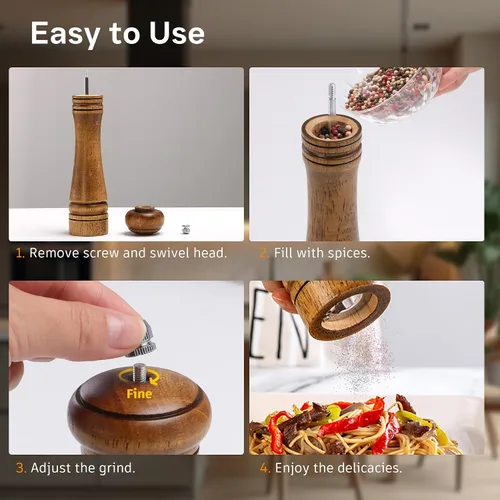 Miniatura 4 de Molinillo de sal y pimienta de madera, molinillo de sal y pimienta, cocteleras de madera de roble con molinillos de cerámica ajustables, 10