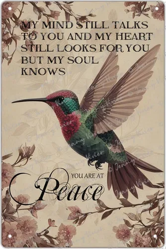 Letrero de metal con texto en inglés "You Are At Peace" ("Hummingbird") con frase inspiradora, estilo retro, vintage, decoración de pared de pájaro